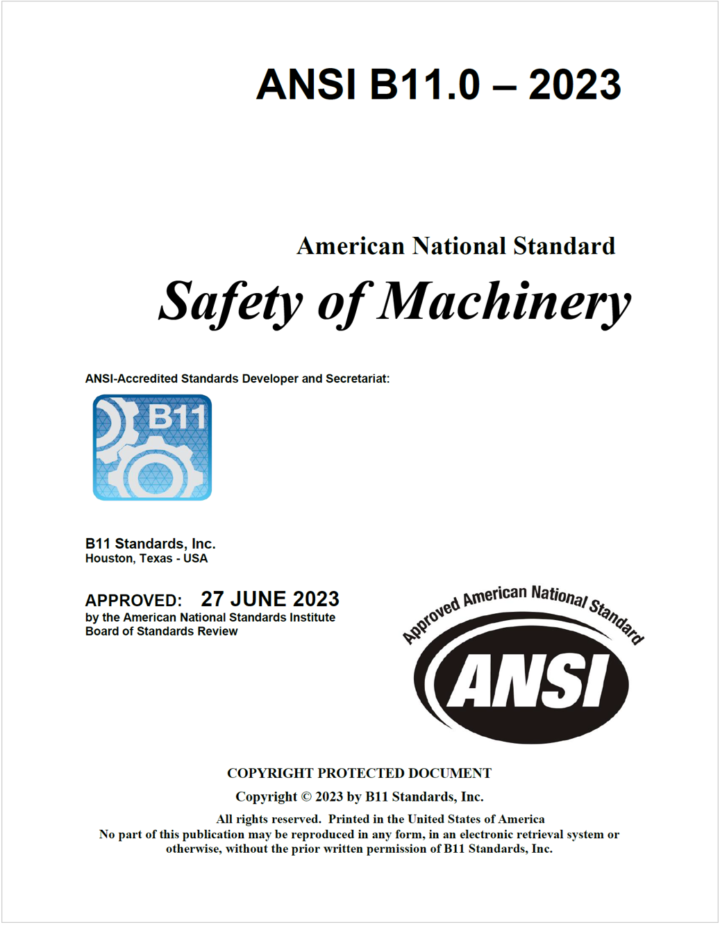 ANSI B11.0-2023 Safety of Machinery
